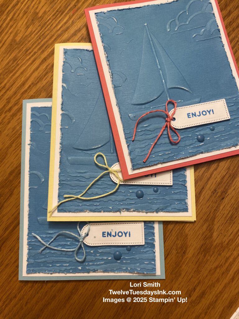 June 2025 stamp club, Sunrise Sailing hybrid embossing folder, Tags To Go, Pack Your Bags Twine